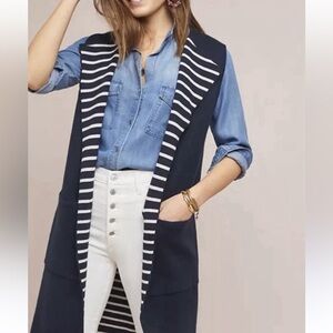 ANTHROPOLOGY MOTH LONGLINE NAVY STRIPED NAUTICAL KNIT SWEATER VEST DUSTER OS